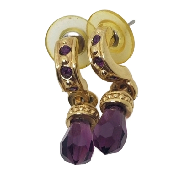 SWAROVSKI SAVVY COLLECTION VINTAGE 1980s GOLDTONE & PURPLE CRYSTAL DROP EARRINGS - Picture 4 of 7
